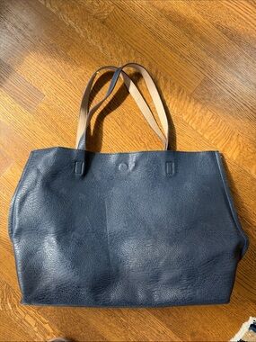 Navy Blue Leather Tote Bag with Contrast Handles.